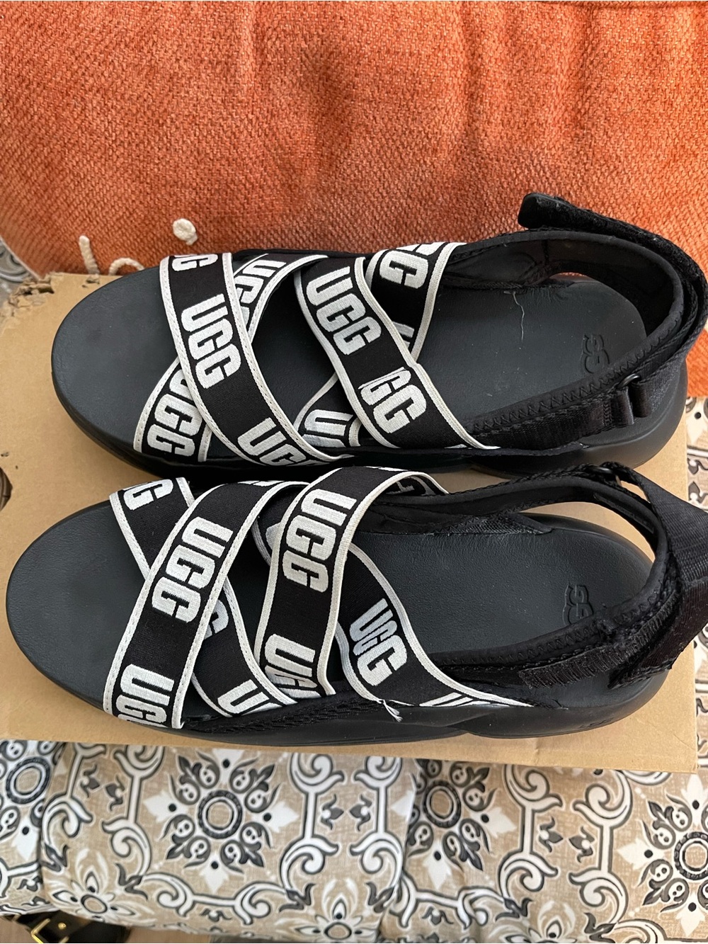 UGG Black and White Logo Strap Sandals